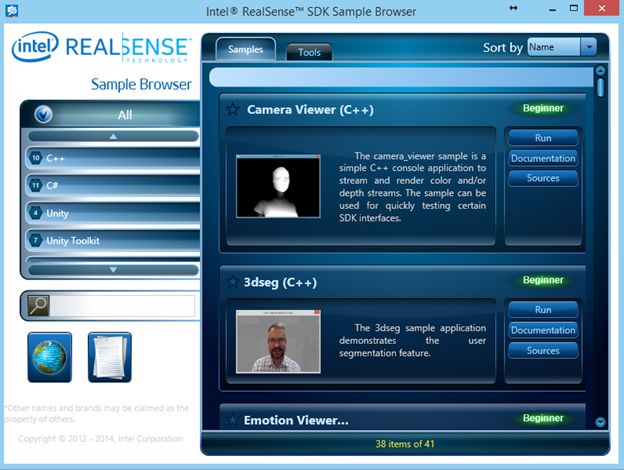 Intel Realsense SDK Sample Browser